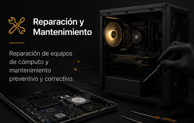 Reparación y Mantenimiento: reparación de equipos de cómputo y mantenimiento preventivo y correctivo.